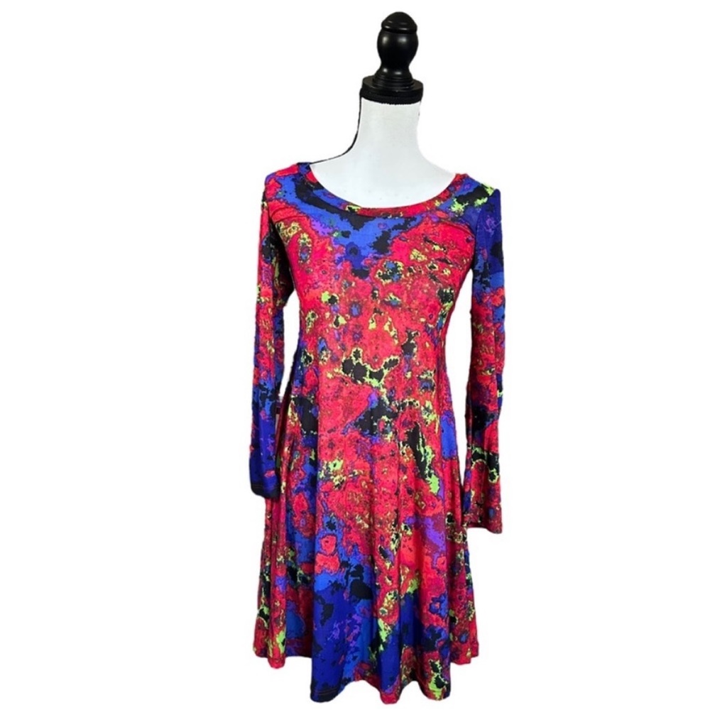 24/7 Comfort Multicolor Splatter Skater Dress Long Sleeve Artsy Abstract Small
